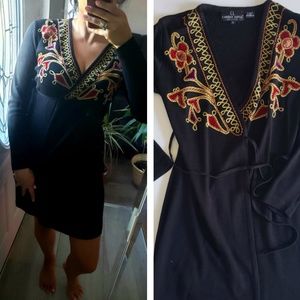 Carole Little Embroidered Knit Dress V Neck Wrap Bodice Boho VTG Women’s Sz S
